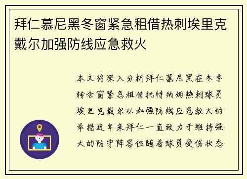 拜仁慕尼黑冬窗紧急租借热刺埃里克戴尔加强防线应急救火 拜仁慕尼黑冬窗紧急租借热刺埃里克戴尔加强防线应急救火